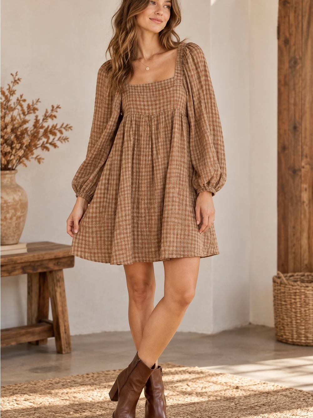 Carly Jean Los Angeles Brown Houndstooth Square-Neck Smock Mini Dress